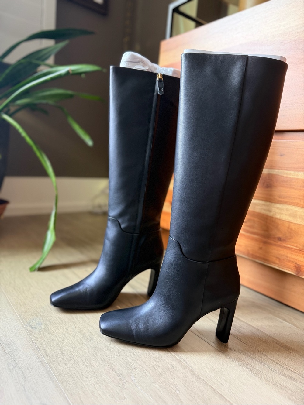 NEW Franco Sarto Black Leather Knee-High Heeled Boots